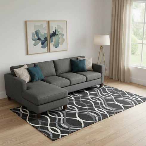 8' X 10' Black Ivory And Gray Abstract Washable Area Rug With UV Protection