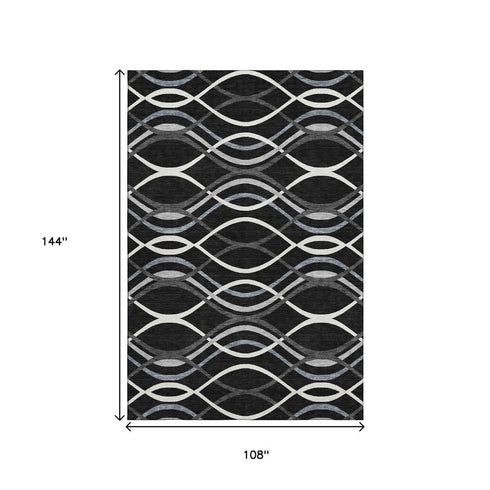 9' X 12' Black Ivory And Gray Abstract Washable Area Rug With UV Protection