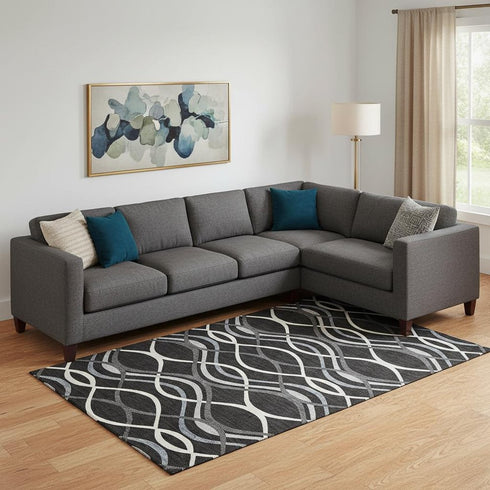 9' X 12' Black Ivory And Gray Abstract Washable Area Rug With UV Protection