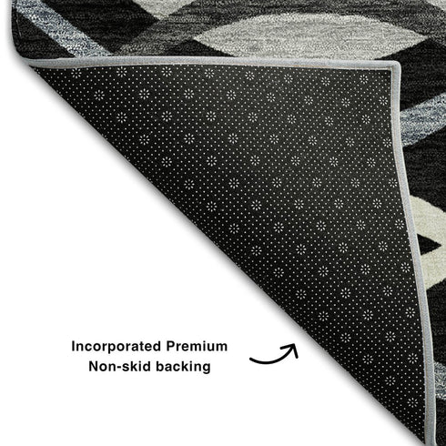 9' X 12' Black Ivory And Gray Abstract Washable Area Rug With UV Protection