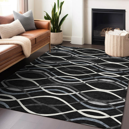 9' X 12' Black Ivory And Gray Abstract Washable Area Rug With UV Protection