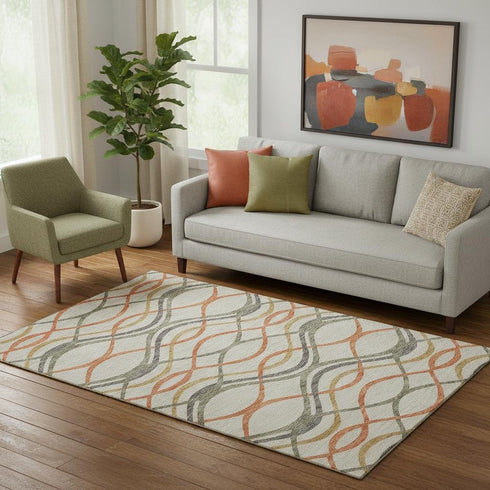 5' X 8' Orange Ivory And Gold Abstract Washable Area Rug With UV Protection