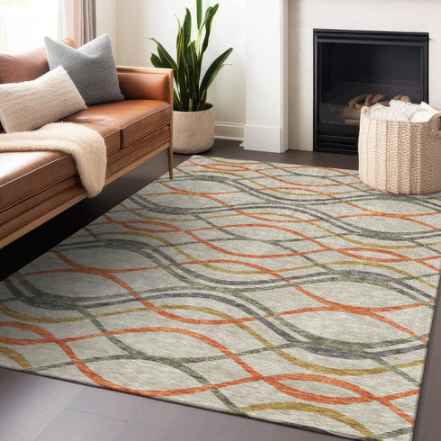 8' X 10' Orange Ivory And Gold Abstract Washable Area Rug With UV Protection