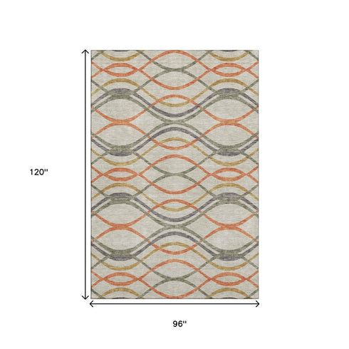 8' X 10' Orange Ivory And Gold Abstract Washable Area Rug With UV Protection