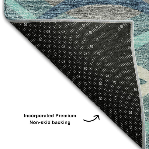 8' X 10' Teal Ivory And Gray Abstract Washable Area Rug With UV Protection