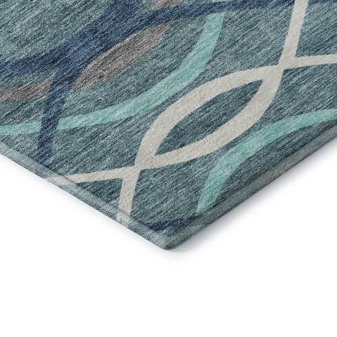 8' X 10' Teal Ivory And Gray Abstract Washable Area Rug With UV Protection