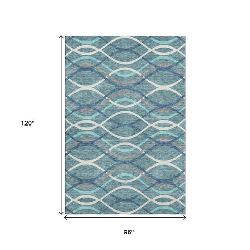 8' X 10' Teal Ivory And Gray Abstract Washable Area Rug With UV Protection