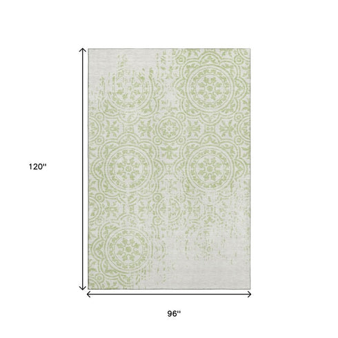 8' X 10' Artichoke Green And Ivory Medallion Washable Area Rug With UV Protection