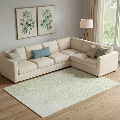 8' X 10' Artichoke Green And Ivory Medallion Washable Area Rug With UV Protection