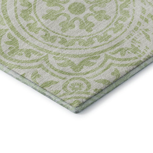 8' X 10' Artichoke Green And Ivory Medallion Washable Area Rug With UV Protection