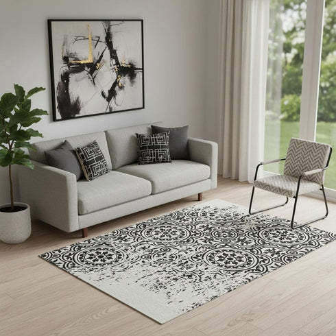 5' X 8' Black And Ivory Medallion Washable Area Rug With UV Protection