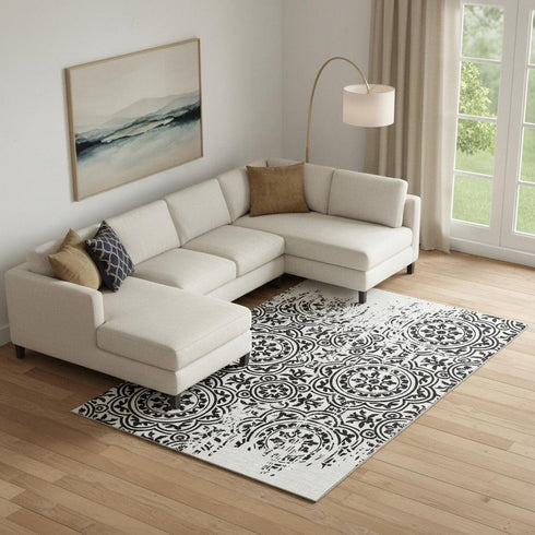 8' X 10' Black And Ivory Medallion Washable Area Rug With UV Protection