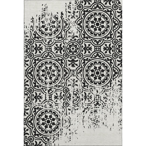 8' X 10' Black And Ivory Medallion Washable Area Rug With UV Protection