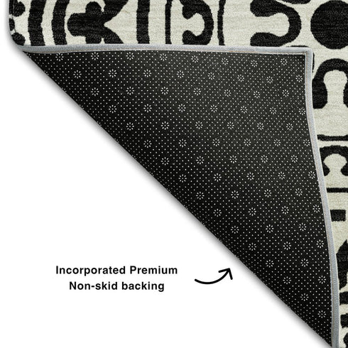8' X 10' Black And Ivory Medallion Washable Area Rug With UV Protection