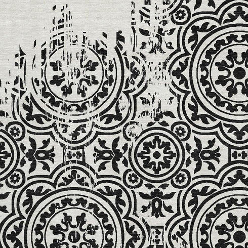 8' X 10' Black And Ivory Medallion Washable Area Rug With UV Protection