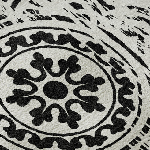8' X 10' Black And Ivory Medallion Washable Area Rug With UV Protection