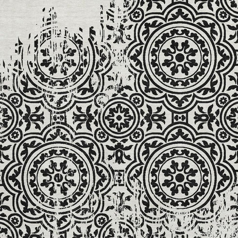 8' X 10' Black And Ivory Medallion Washable Area Rug With UV Protection