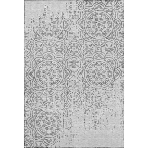 8' X 10' Silver And Gray Medallion Washable Area Rug With UV Protection