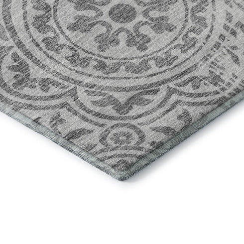 8' X 10' Silver And Gray Medallion Washable Area Rug With UV Protection