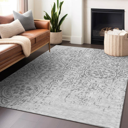 8' X 10' Silver And Gray Medallion Washable Area Rug With UV Protection