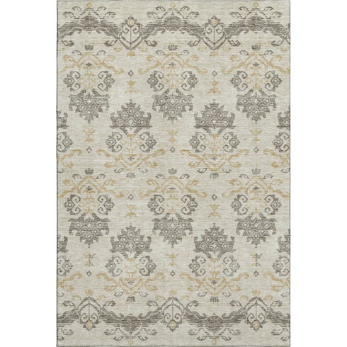 5' X 8' Beige Gold And Taupe Medallion Washable Area Rug With UV Protection