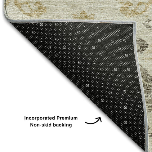 5' X 8' Beige Gold And Taupe Medallion Washable Area Rug With UV Protection