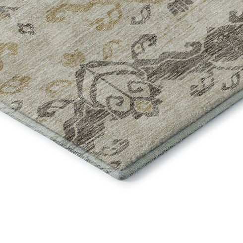 5' X 8' Beige Gold And Taupe Medallion Washable Area Rug With UV Protection
