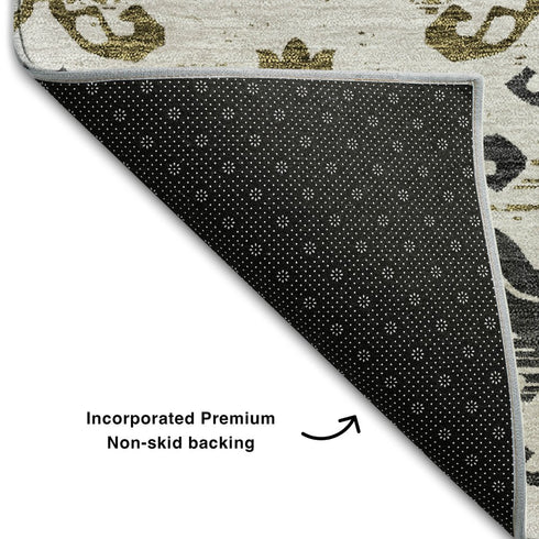 5' X 8' Black Beige And Gold Medallion Washable Area Rug With UV Protection