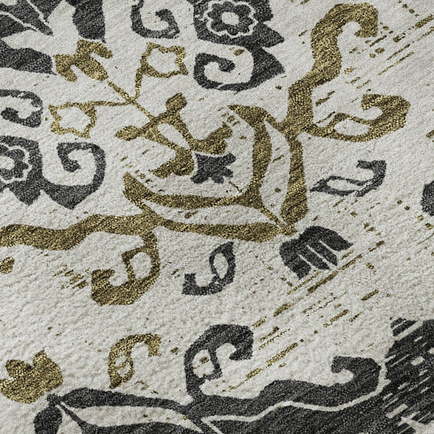 5' X 8' Black Beige And Gold Medallion Washable Area Rug With UV Protection