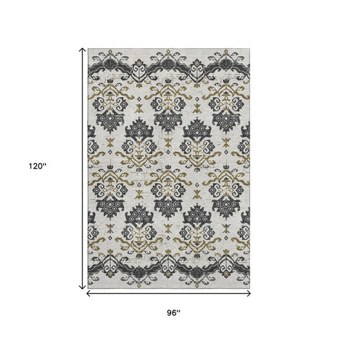 8' X 10' Black Beige And Gold Medallion Washable Area Rug With UV Protection