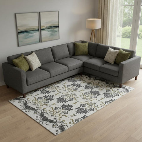 8' X 10' Black Beige And Gold Medallion Washable Area Rug With UV Protection