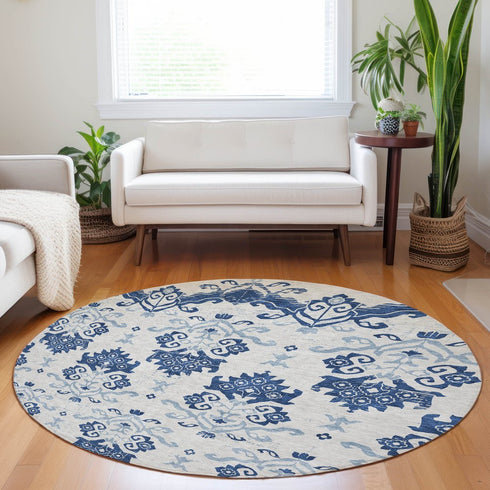 8' Navy Blue And Ivory Medallion Washable Round Rug With UV Protection