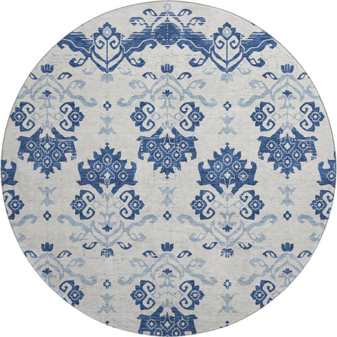 8' Navy Blue And Ivory Medallion Washable Round Rug With UV Protection