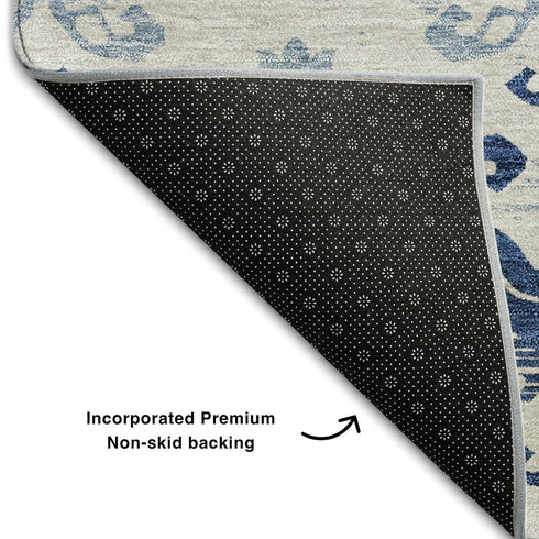 8' Navy Blue And Ivory Medallion Washable Round Rug With UV Protection