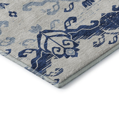 8' Navy Blue And Ivory Medallion Washable Round Rug With UV Protection