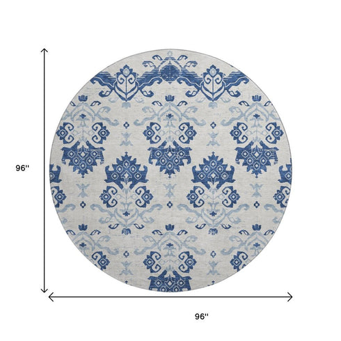 8' Navy Blue And Ivory Medallion Washable Round Rug With UV Protection