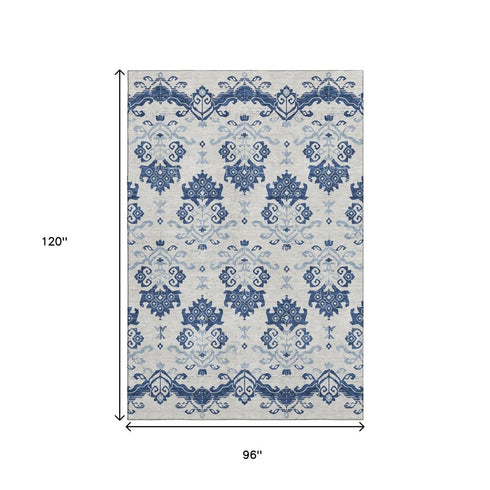 8' X 10' Navy Blue And Ivory Medallion Washable Area Rug With UV Protection
