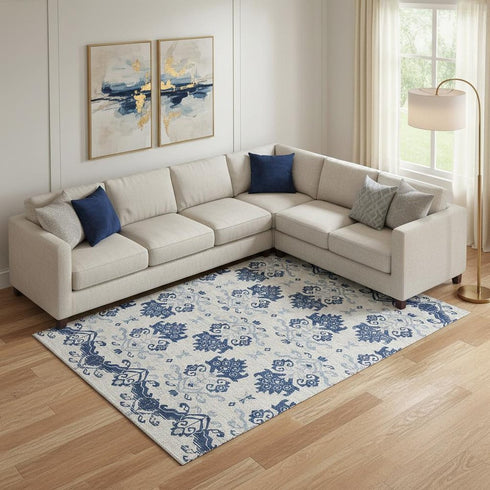 8' X 10' Navy Blue And Ivory Medallion Washable Area Rug With UV Protection
