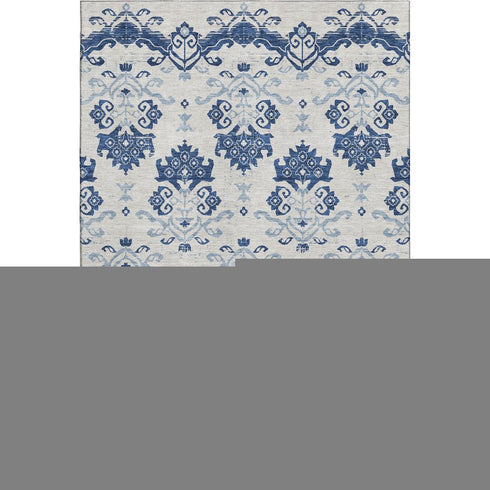 8' X 10' Navy Blue And Ivory Medallion Washable Area Rug With UV Protection