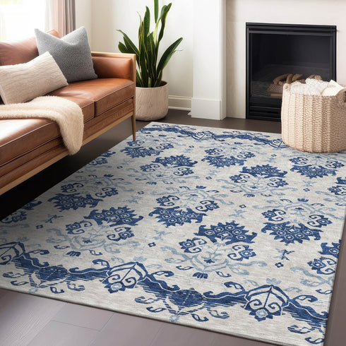 8' X 10' Navy Blue And Ivory Medallion Washable Area Rug With UV Protection