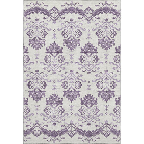 5' X 8' Purple And Ivory Medallion Washable Area Rug With UV Protection