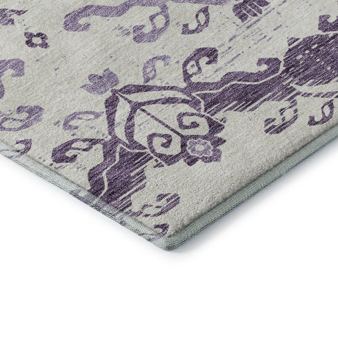 5' X 8' Purple And Ivory Medallion Washable Area Rug With UV Protection
