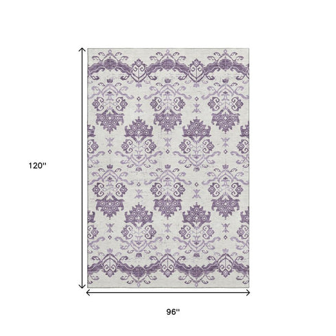8' X 10' Purple And Ivory Medallion Washable Area Rug With UV Protection