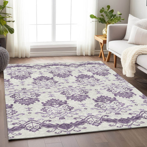 8' X 10' Purple And Ivory Medallion Washable Area Rug With UV Protection