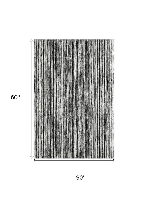 5' X 8' Black And Ivory Striped Washable Area Rug With UV Protection