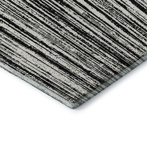 8' Black And Ivory Striped Washable Round Rug With UV Protection