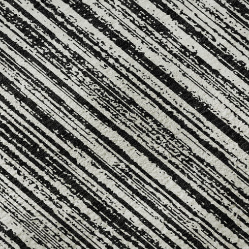 8' Black And Ivory Striped Washable Round Rug With UV Protection
