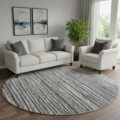 8' Black And Ivory Striped Washable Round Rug With UV Protection