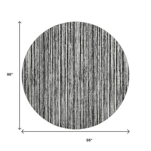8' Black And Ivory Striped Washable Round Rug With UV Protection