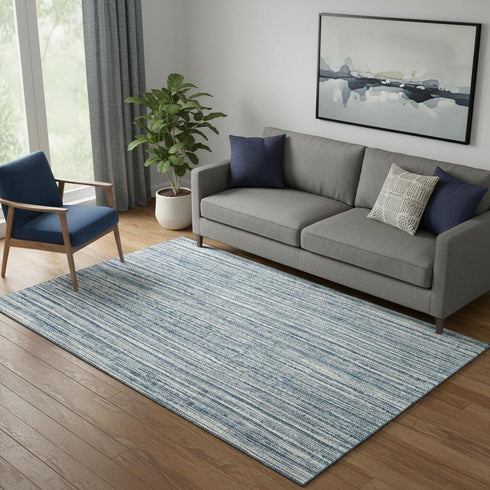 5' X 8' Blue And Ivory Striped Washable Area Rug With UV Protection